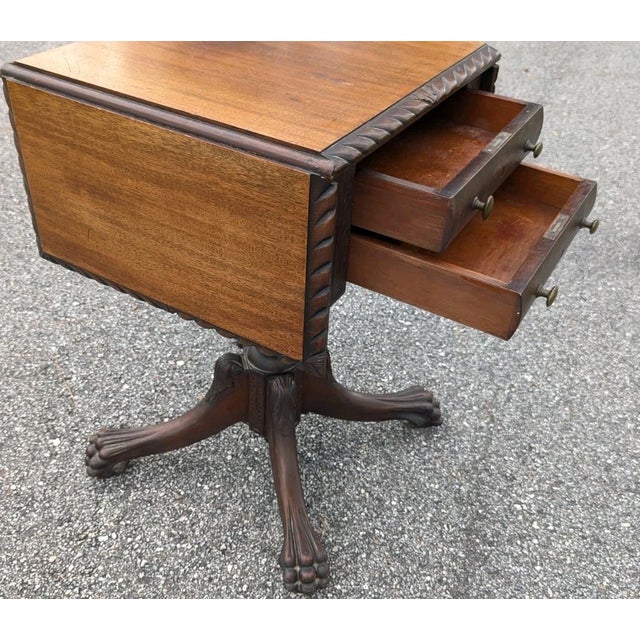 Antique Empire Sewing Work Table by Hersee Furniture Flame Mahogany Drop Leaf For Sale In Orlando - Image 6 of 13