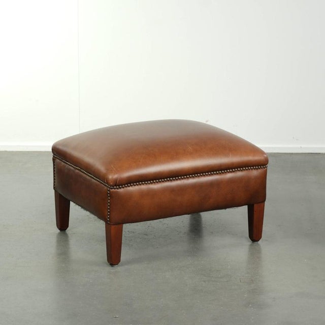 Cognac Cowhide Leather Ottoman with Decorative Nails For Sale - Image 10 of 10