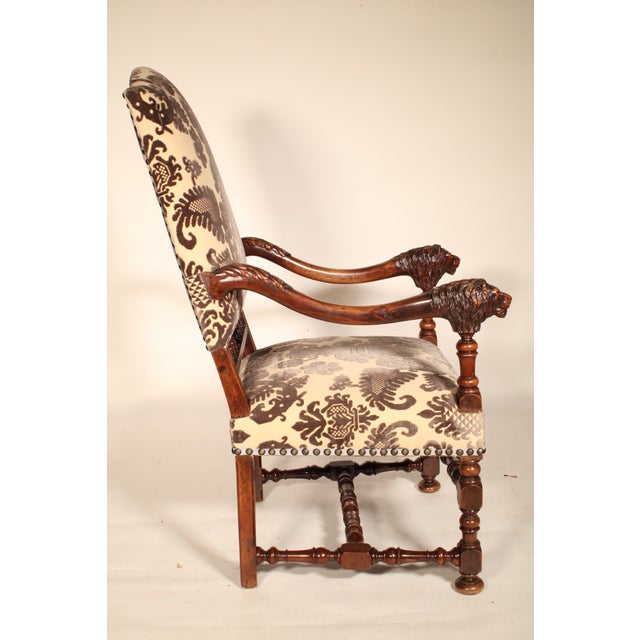 1900 - 1909 Pair of Louis XIV Style Walnut Armchairs With Lion Carved Arms For Sale - Image 5 of 12