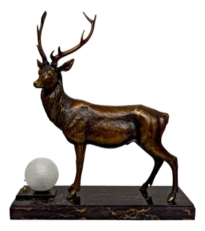 Art Deco Sculptural Deer Lamp in Bronze and Marble, France, 1930s