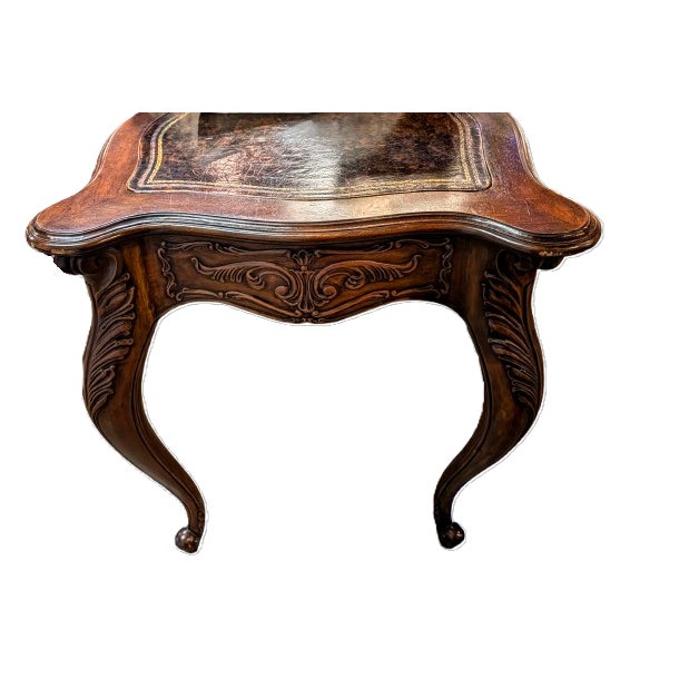 Vintage French Louis XV Style Carved Walnut Writing Desk With Leather Top For Sale - Image 4 of 9