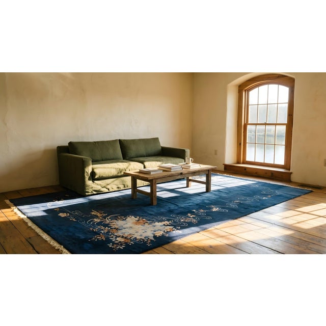 A Lovely Small Floral Bouquet Diagonally in a Royal Blue Open Field Antique Chinese Art Deco Rug For Sale In New York - Image 6 of 7