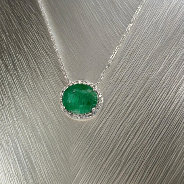Green Natural Emerald Diamond Pendant Necklace 15" 14k WG 4.06 TCW Certified For Sale - Image 8 of 10