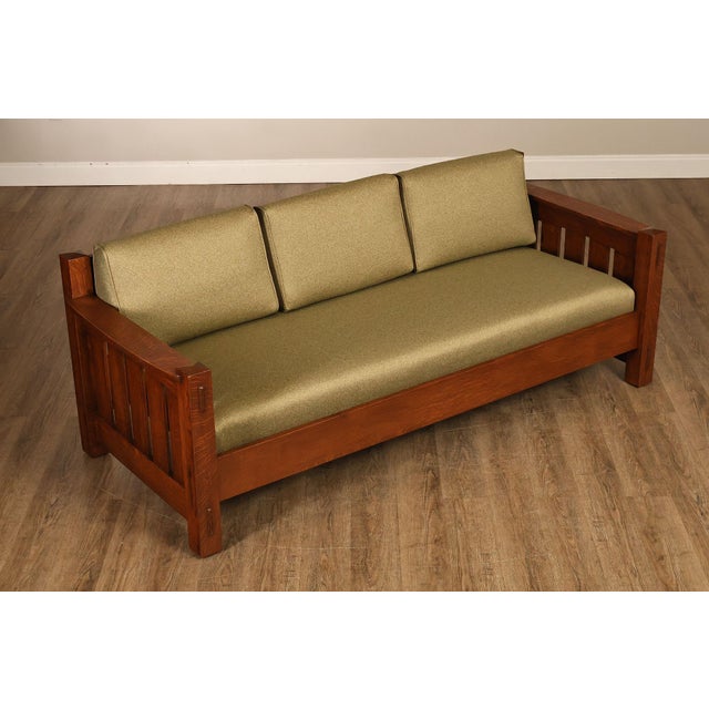 High Quality Oak Frame Sofa with Slatted Backrest and Arms, Custom Upholstered Cushions, Designed After Limbert Model 570...