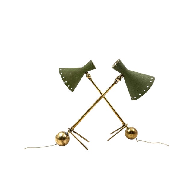 Mid-century set of 2 table lamps attributed to Stilnovo Milano Italy, 1950s brass, aluminum articulating arm with...