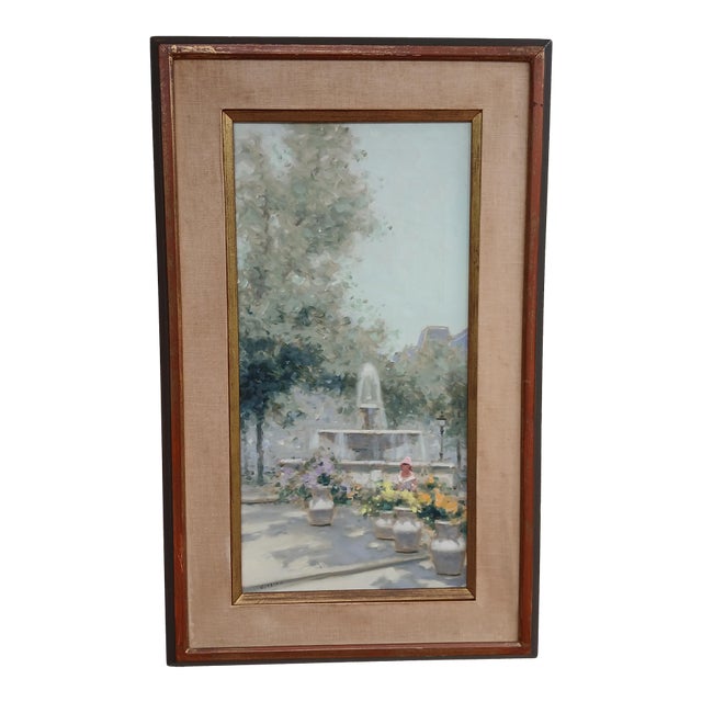 Andre Gisson - The Garden Fountain - Oil on Canvas 1960s 24" X 12" For Sale