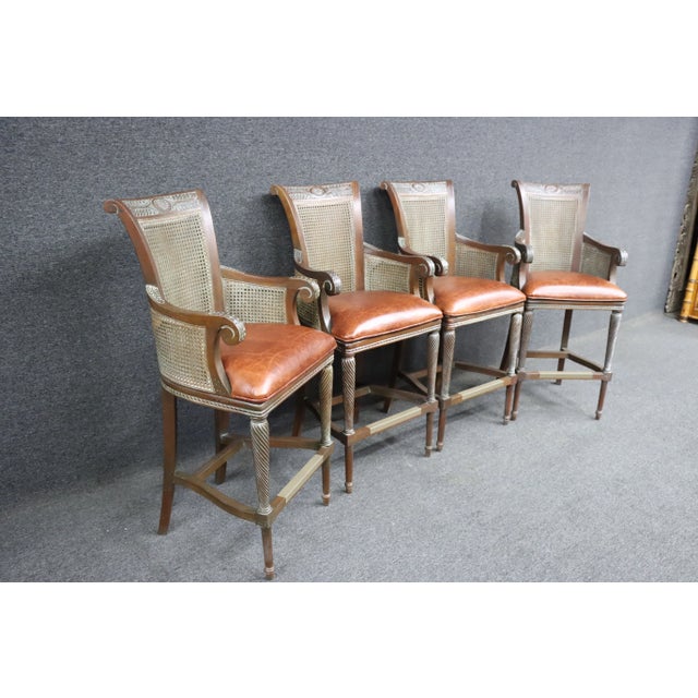 Country French Cane & Leather Barstools/4 For Sale - Image 4 of 11