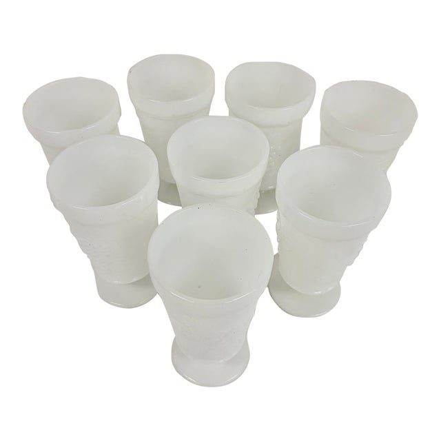 Set of 8 Vintage White Milk Glass Goblets – Textured Pattern For Sale
