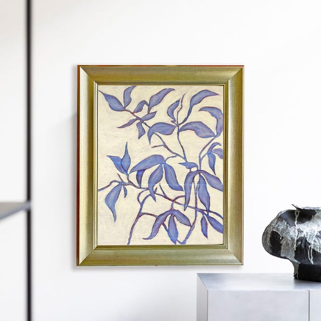 Chinoiserie Original Botanical Leaf Painting in Brushed Gold Frame, Oil on Canvas, 15" X 19" by Tatiana Duperault For Sale - Image 3 of 5