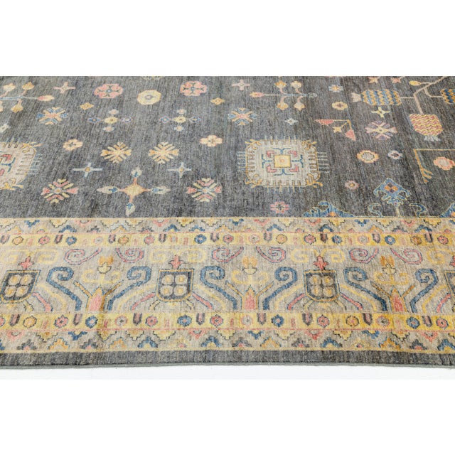 Charcoal Modern Khotan Style Charcoal Grey & Gold Handmade Wool Rug 10x14 For Sale - Image 8 of 12