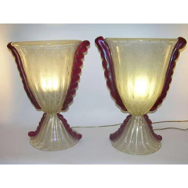 Barovier & Toso Barovier E Toso Grand Pearlized Murano Glass Lamps With Red Accents - a Pair For Sale - Image 4 of 11