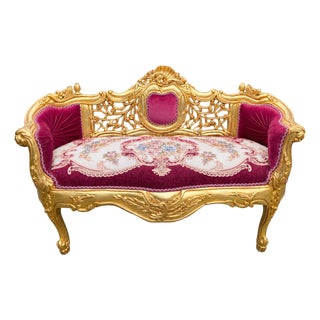 Late 20c French Louis XVI Red Velvet Gilt Beech Settee For Sale