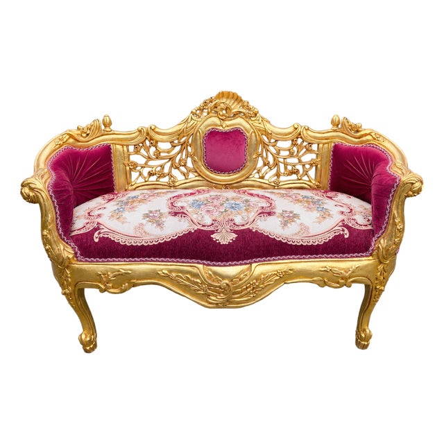 Late 20c French Louis XVI Red Velvet Gilt Beech Settee For Sale