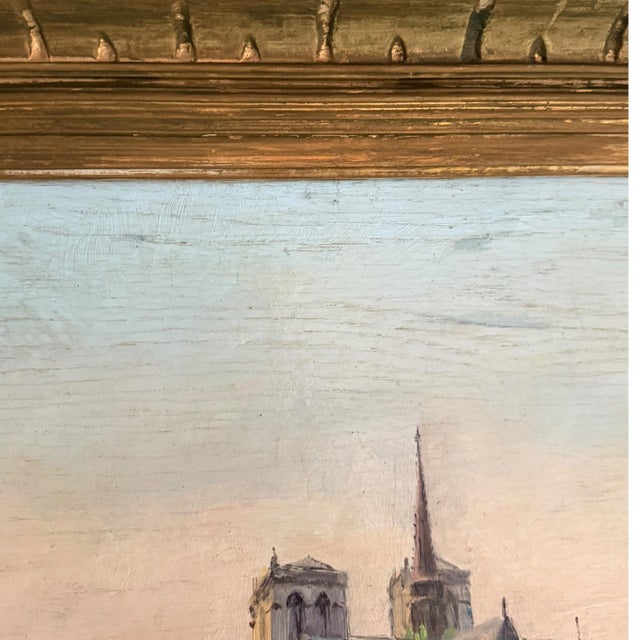 Wood Mid 20th Century Oil on Board Painting of Notre-Dame Cathedral, Paris c.1946 For Sale - Image 7 of 15