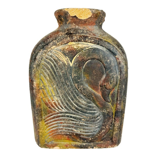 Primitive Folk Art Clay Vessel With Swan Relief | Rustic Hand-Formed Earthenware Bottle For Sale