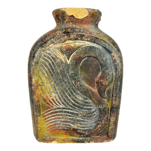 Primitive Folk Art Clay Vessel With Swan Relief | Rustic Hand-Formed Earthenware Bottle