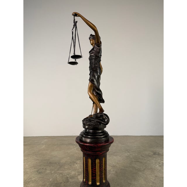 Bronze Lady Justice Sculpture – Blindfolded Justitia With Scales & Sword, 29” Tall For Sale - Image 12 of 13