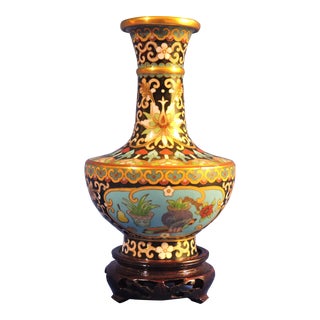 Late 20th Century Chinese Beijing Cloisonne Vase Enamel on Brass Lotus Flower Over Black With Pedestal Stand For Sale