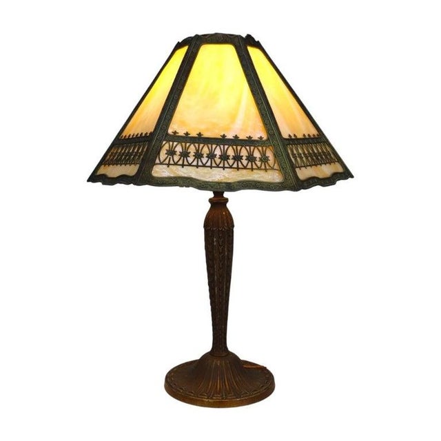 Cream Bradley & Hubbard Arts & Crafts 6 Panel Slag Glass Table Lamp C1920 For Sale - Image 8 of 9
