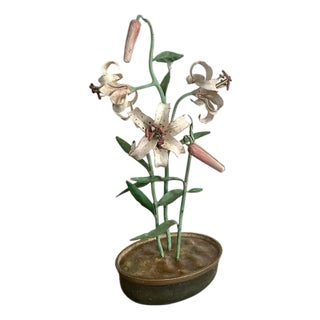 Vintage Italian Tole Flowers Pink Lily / Lilies Floral Arrangement For Sale