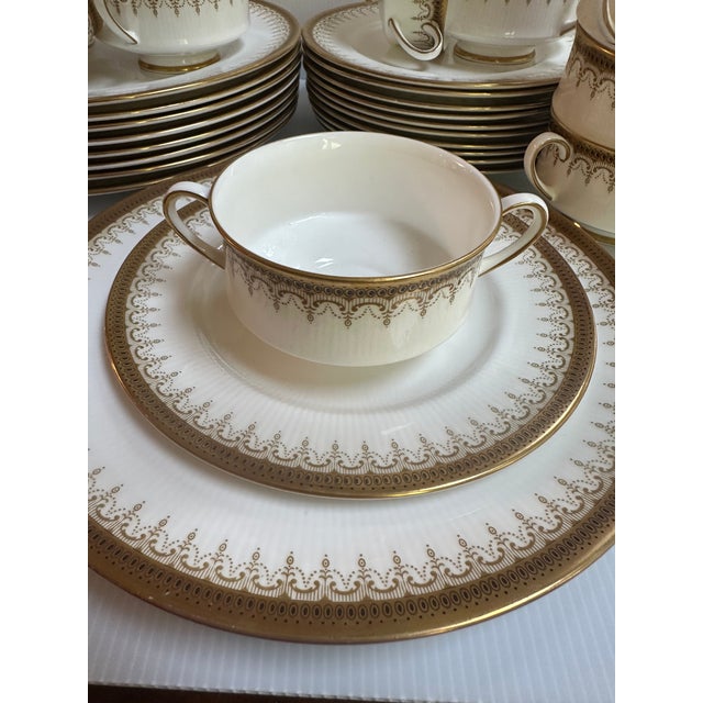 1990s Paragon"ATHENA" Pattern 31pc Dinner Set White and Gold Colors With Banded Border Gold Scrollwork For Sale - Image 15 of 16