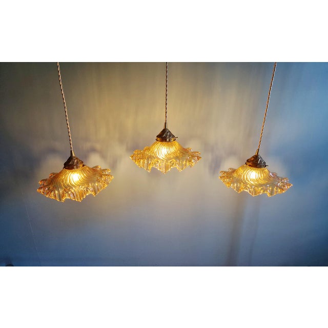Amber-Colored Pleated Glass Pendant Lights, 1930s, Set of 3 For Sale - Image 14 of 18