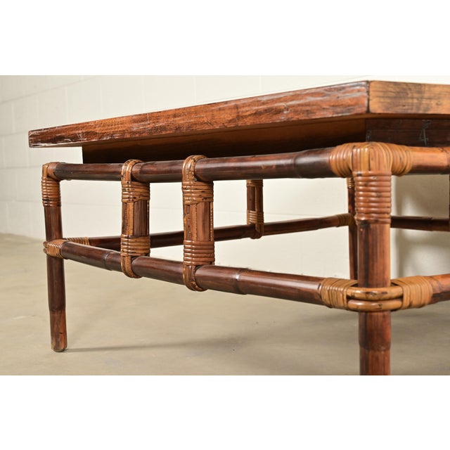 John Wisner for Ficks Reed Mid-Century Hollywood Regency Bamboo Rattan Tile Top Coffee Table, 1950s For Sale In South Bend - Image 6 of 10