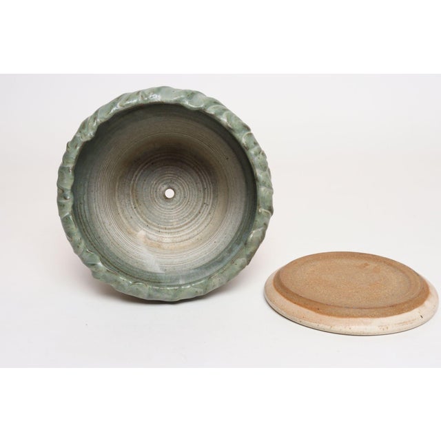 Mid-Century Modern Vintage Green and Beige Speckled Ceramic Planter With Saucer by Deanna Nichols For Sale - Image 3 of 18