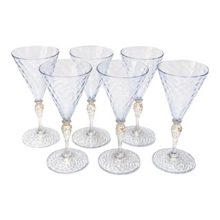 1960s Venetian Murano Ice Blue & Gold Aventurine Hand-Blown Wine Goblets - Set of 6 For Sale