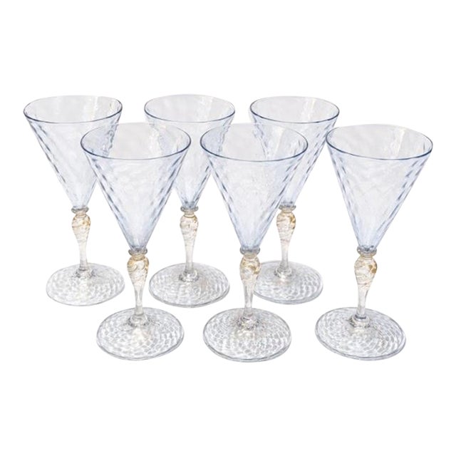 1960s Venetian Murano Ice Blue & Gold Aventurine Hand-Blown Wine Goblets - Set of 6 For Sale