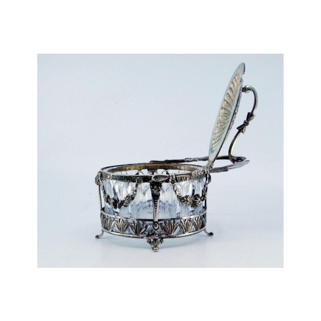 Silver Sugar Bowl with Bows, Masks, Hinged Lid and Cut Glass Interior with Spoon, Set of 2 For Sale - Image 4 of 10