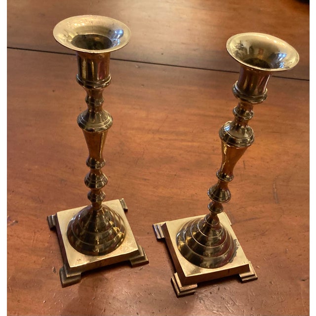Late 19th Century Antique English Pair of Solid Turned Brass Candlesticks Square Footed Base For Sale - Image 5 of 9