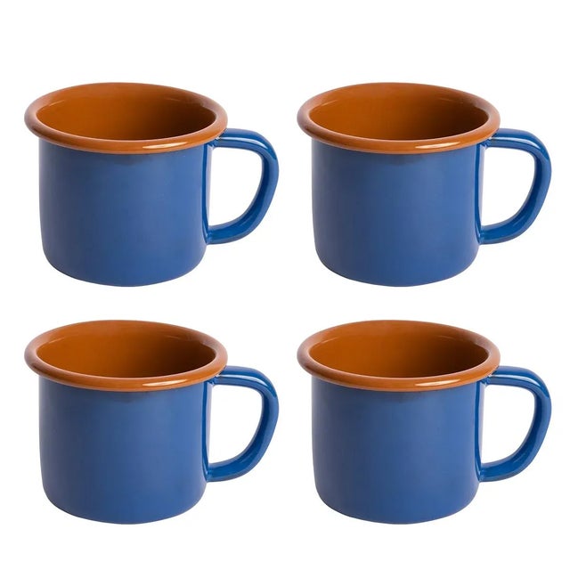 The Get Out x CCH Enamelware 12 oz. Mugs in Blue & Brown - Set of 4 For Sale - Image 4 of 4
