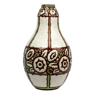 Art Deco Vase in Crackled Beige Glazed Ceramic with 983 Decoration by Charles Catteau for Boch La Louvière, 1925 For Sale