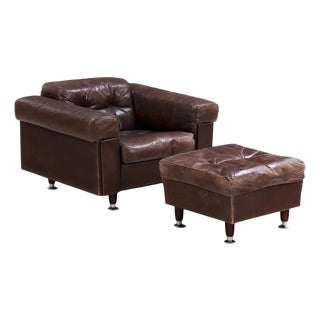 1970s Swiss Leather Lounge Chair & Ottoman in the Style of De Sede For Sale