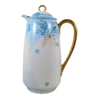 1960s Signed White Chocolate Pot Coffee Pot With Hand Painted Flowers For Sale