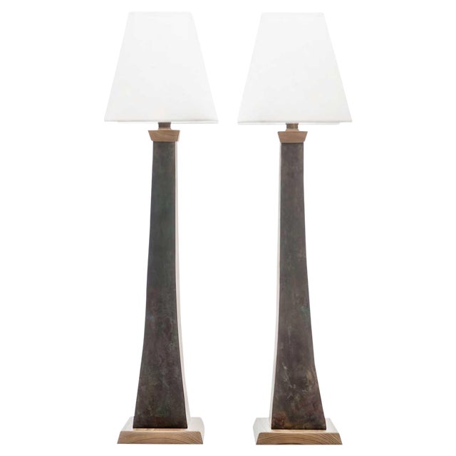 Lawrence & Scott Somand Verdigris Bronze Torchiere Table Lamps a Pair