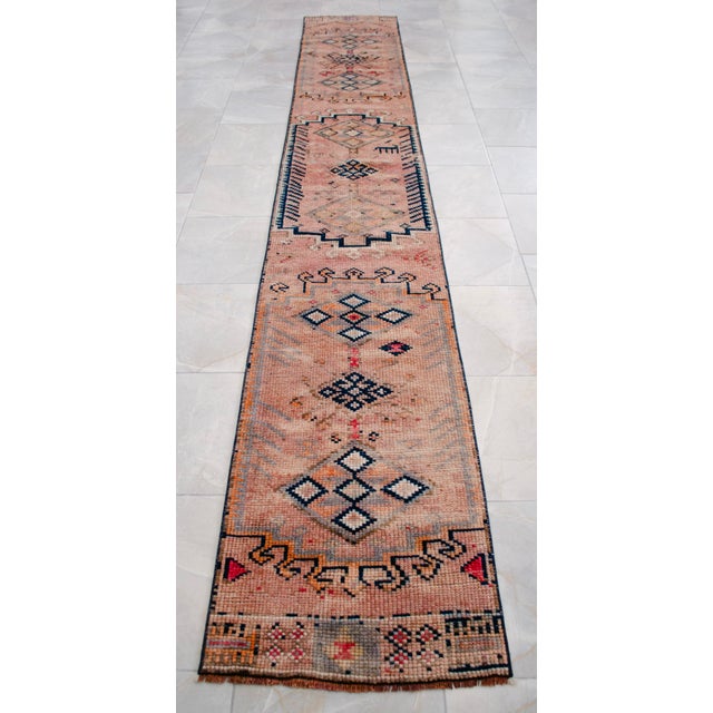 1960s Runner Turkish Hand-Knotted Rug Peach Hallway Decor Kitchen Floor Accent 2x13 Ft Approx For Sale - Image 6 of 15