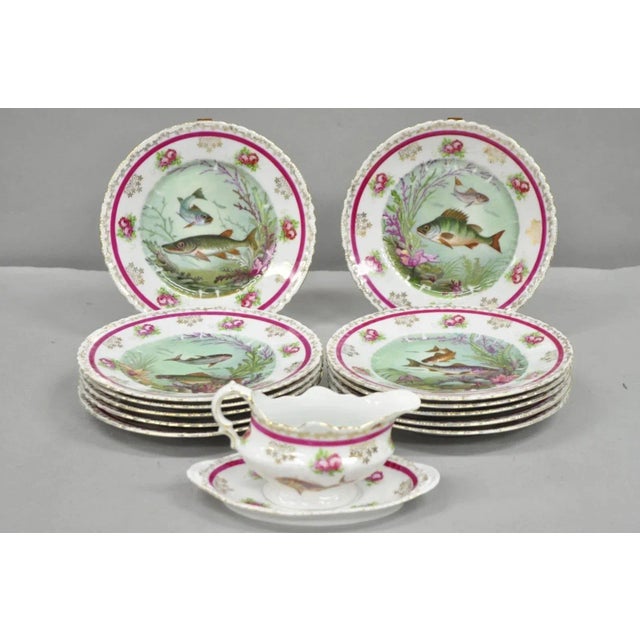 Early 20th Century (12) Victoria Carlsbad Austria, Porcelain Fish Plates & Gravy Sauce Boat For Sale - Image 9 of 12