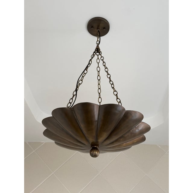 Metal Art Nouveau Petal Pendant Light, Antique Brass Finish Solid Brass Flower Shade, 4 Light Hanging Fixture For Sale - Image 7 of 12