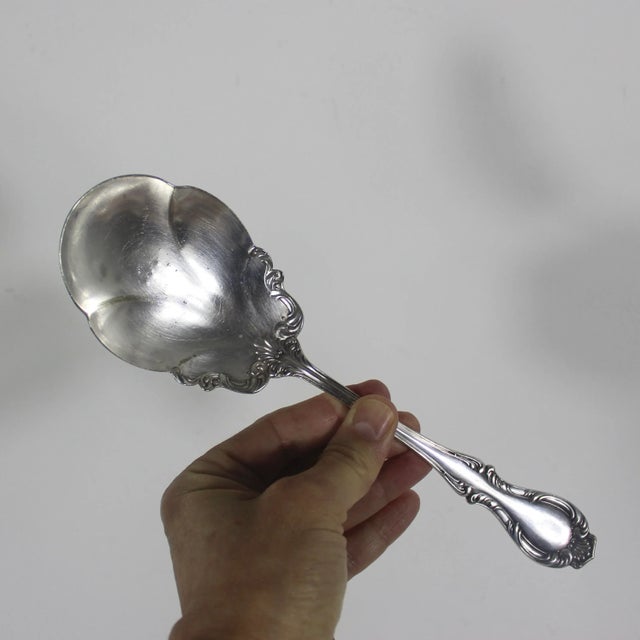 Silver Large Antique 1896 R. Wallace Silver Plated Shell Casserole Spoon, Joan Serving Spoon, Hostess Server Silver Plated Plate For Sale - Image 8 of 10