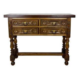 1930s Spanish Renaissance Revival Console Table With Four Carved Drawers For Sale
