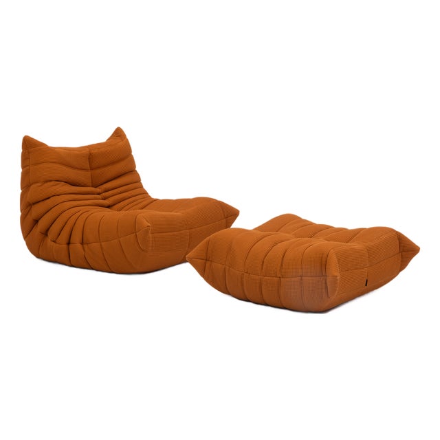 Togo Lounge Chair and Pouf in Orange Tissue by Michel Ducaroy for Ligne Roset, 1973, Set of 2 For Sale