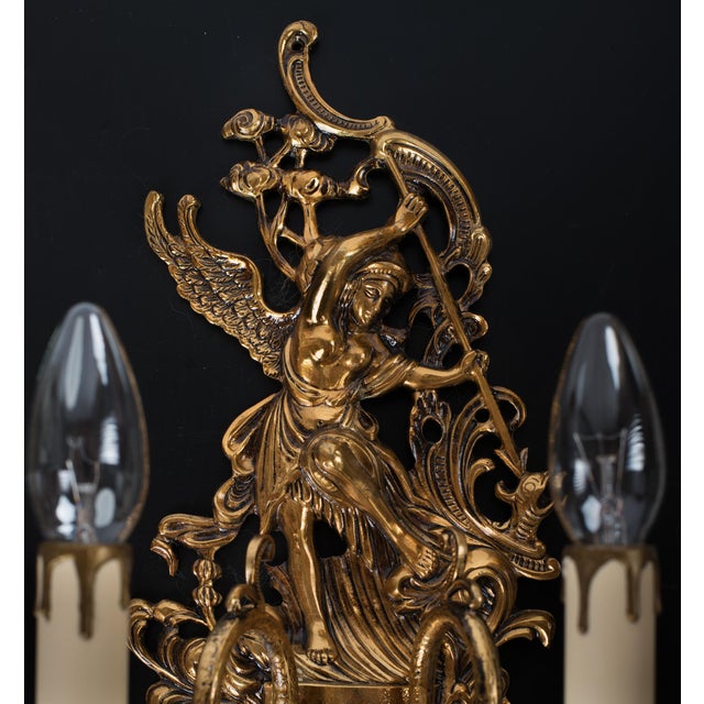 1950s Spanish Empire Cast Brass Winged Goddess Nike Victory 2-Light Wall Sconces - A Symmetrical Pair For Sale - Image 11 of 12