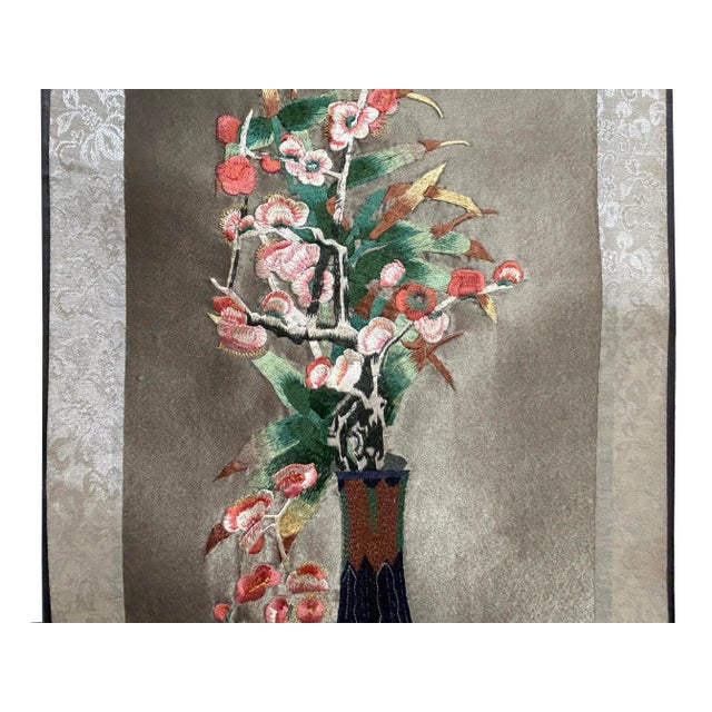 Chinese Flower Vase Embroidery Scroll Painting Wall Art For Sale In San Francisco - Image 6 of 6