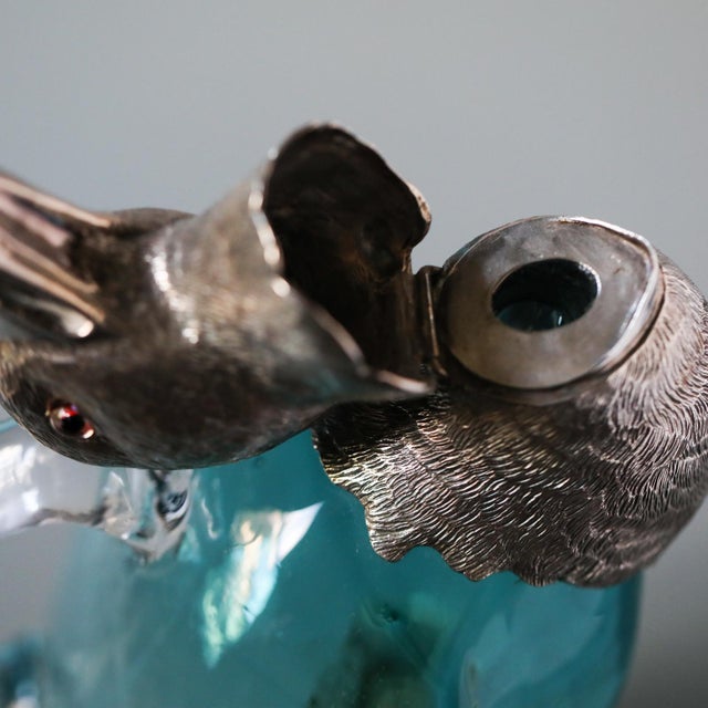 19th Century French Zoomorphic Duck Ewer in Blue Handblown Glass and Mixed Metal For Sale - Image 11 of 17