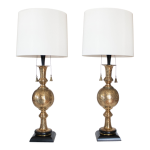 Mid Century Very Tall Indo-Persian Brass Lamps With Shades - A Pair