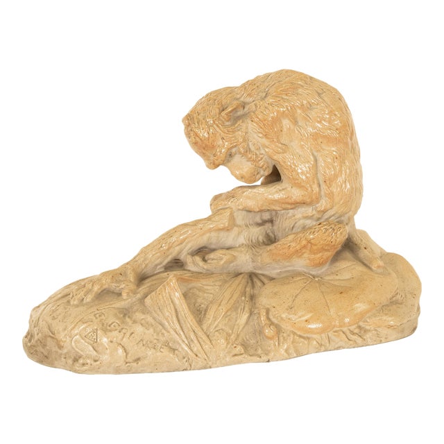 Antique French Sevres Terracotta Ceramic Monkey Snail Animalier Statue Sculpture by Emmanuel Fremiet, 1905 For Sale