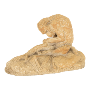 Antique French Sevres Terracotta Ceramic Monkey Snail Animalier Statue Sculpture by Emmanuel Fremiet, 1905