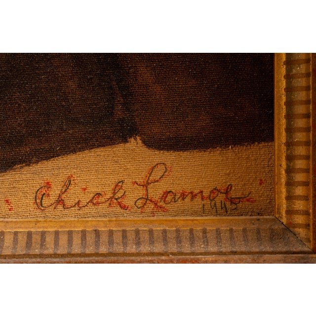 Wood Portrait | Framed 1945 Chick Lamoe Oil Painting, Signed and Dated For Sale - Image 7 of 9